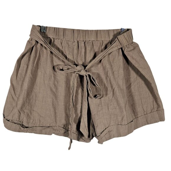 Brown Elastic Waist Linen Blend Shorts With Front Tie & Rolled Hem - Picture 1 of 7